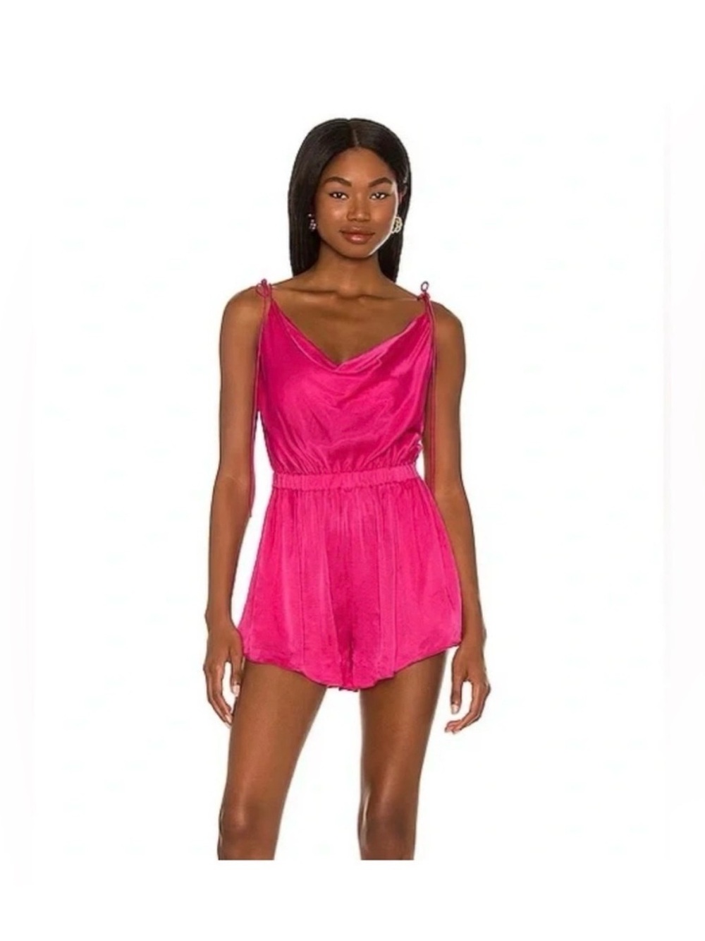 NBD Maelle Revolve Hot Pink Satin Cowl Neck Romper Size Medium